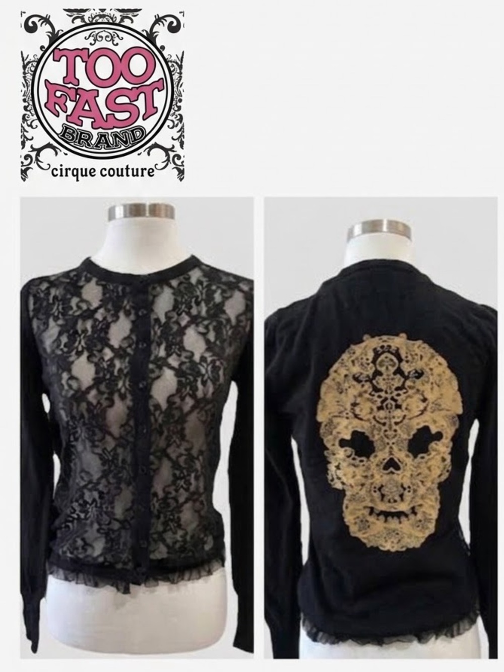 Too Fast Black Lace Button-Down Sheer Cardigan, Gothic Lace Skull, Small, EUC 💀